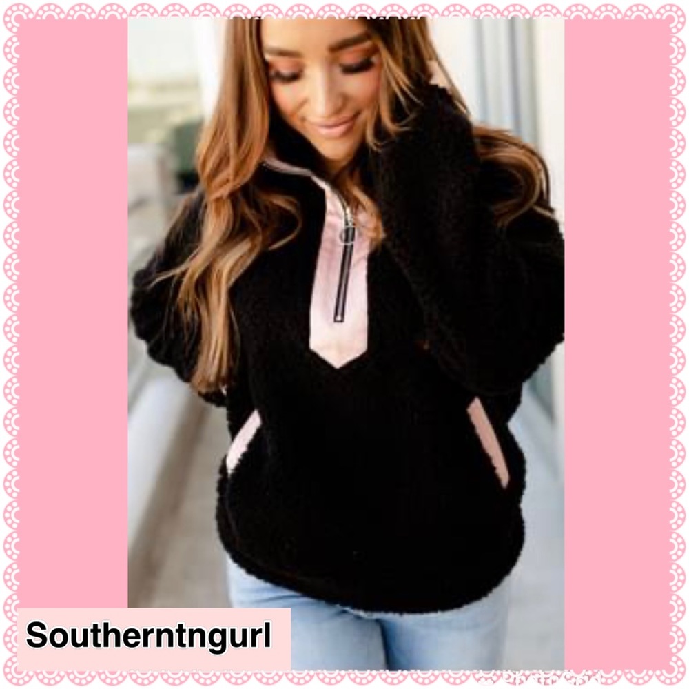 NWT AMPERSAND AVENUE Quarter Zip Black & Pink Sherpa Sweatshirt/ Top Pullover